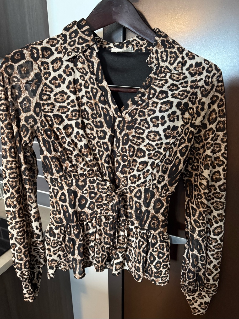 Leopard Print Tie-Front Blouse - Black & Tan